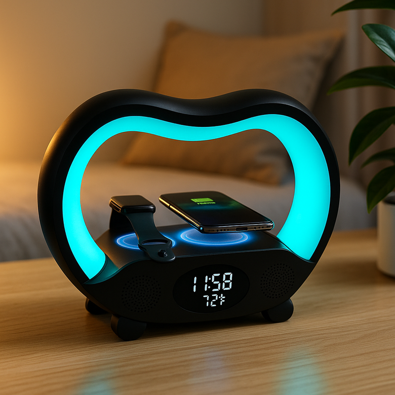 Lampe Ambiance Intelligente 6-en-1 | LED RGB, Charge Sans Fil 15W, Haut-Parleur Bluetooth & Télécommande