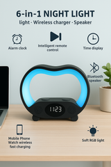 Lampe Ambiance Intelligente 6-en-1 | LED RGB, Charge Sans Fil 15W, Haut-Parleur Bluetooth & Télécommande