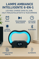 Lampe Ambiance Intelligente 6-en-1 | LED RGB, Charge Sans Fil 15W, Haut-Parleur Bluetooth & Télécommande