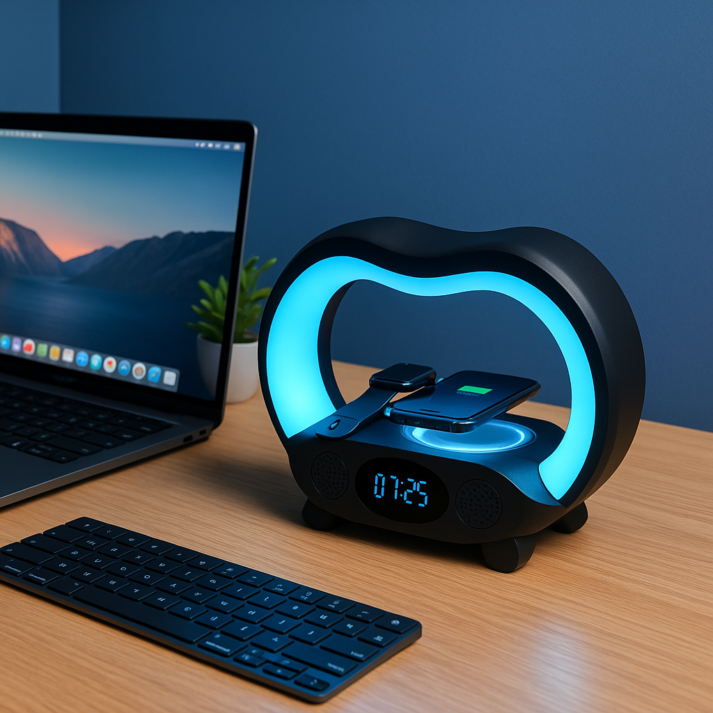 Lampe Ambiance Intelligente 6-en-1 | LED RGB, Charge Sans Fil 15W, Haut-Parleur Bluetooth & Télécommande