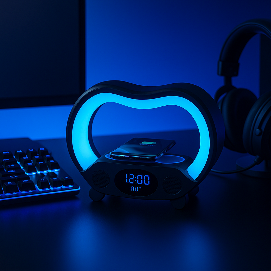 Lampe Ambiance Intelligente 6-en-1 | LED RGB, Charge Sans Fil 15W, Haut-Parleur Bluetooth & Télécommande