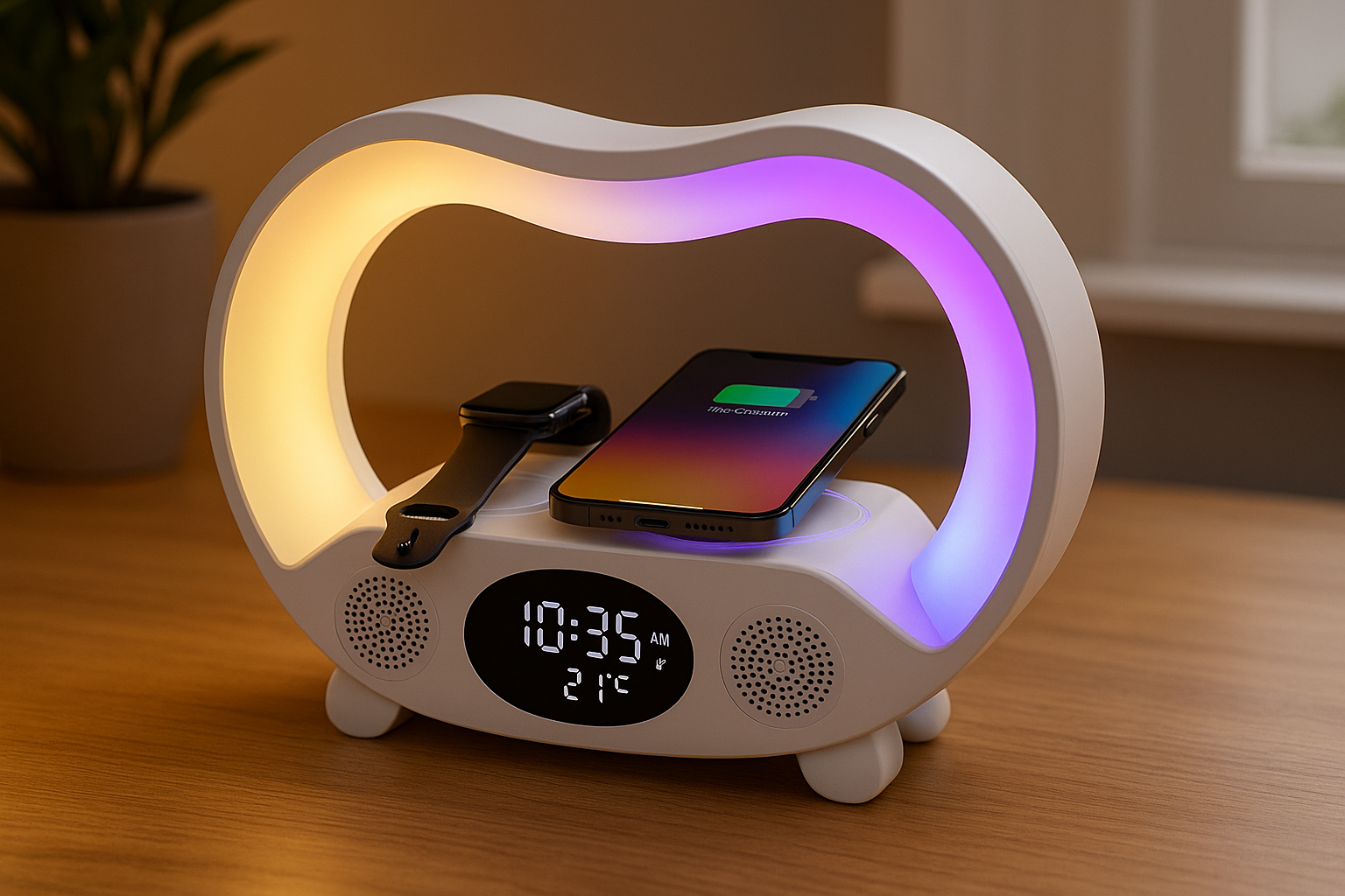 Lampe Ambiance Intelligente 6-en-1 | LED RGB, Charge Sans Fil 15W, Haut-Parleur Bluetooth & Télécommande