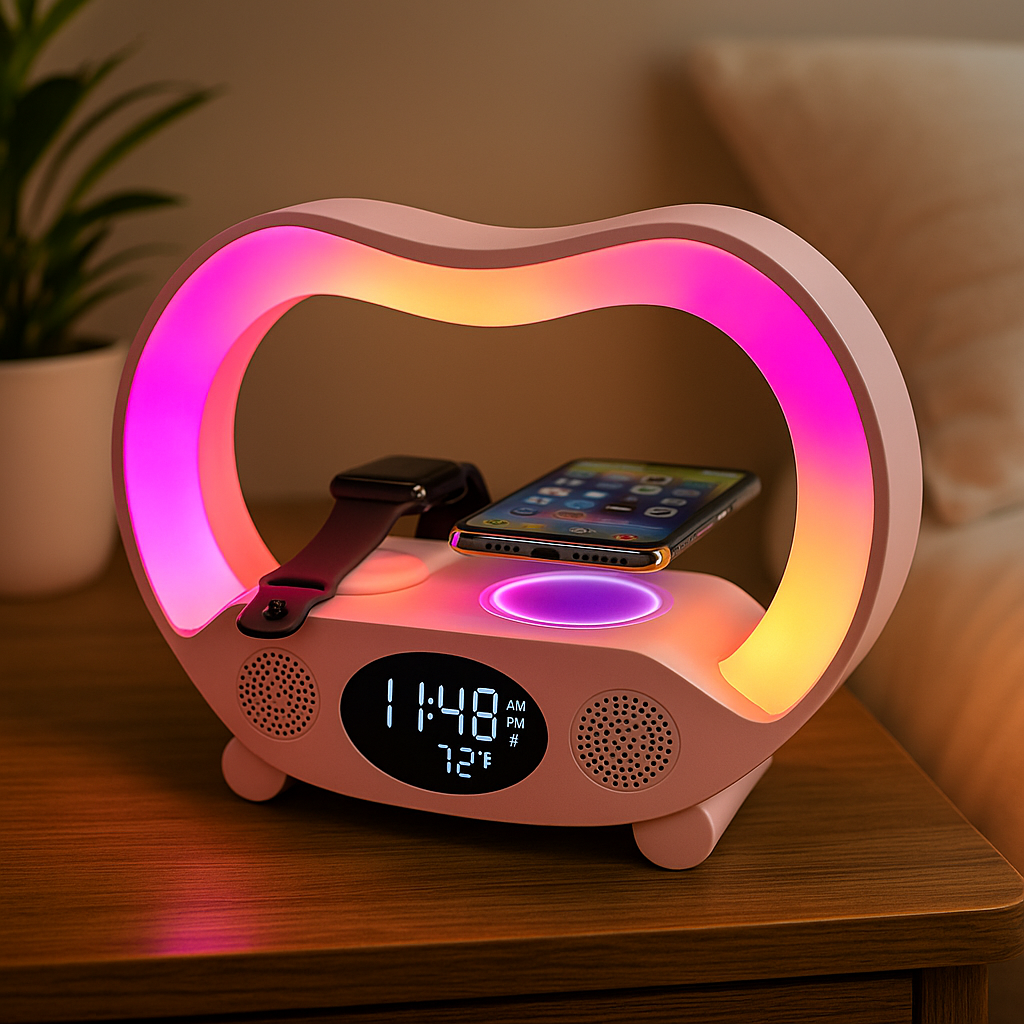 Lampe Ambiance Intelligente 6-en-1 | LED RGB, Charge Sans Fil 15W, Haut-Parleur Bluetooth & Télécommande